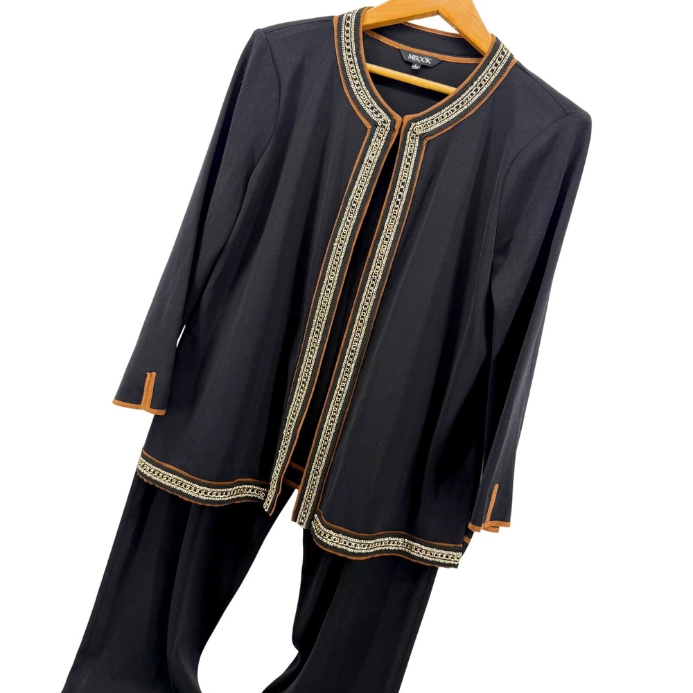 Misook Pant Suit 2 Pc Women L Blk Knit Cardigan Jacket Trousers Gold Chain Trim